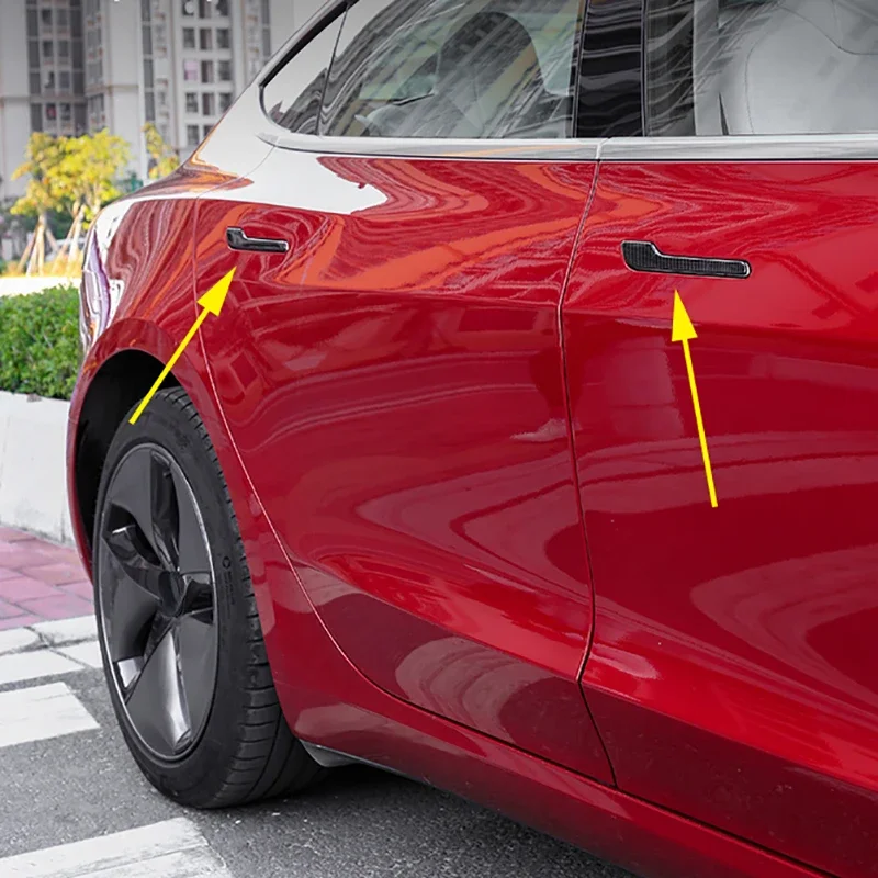Car Door Handle Cover Protection Trim Glue Door Handle Wrap Stricker Fit for Tesla Model 3 2017-2022 4 Pcs Real Carbon Fiber