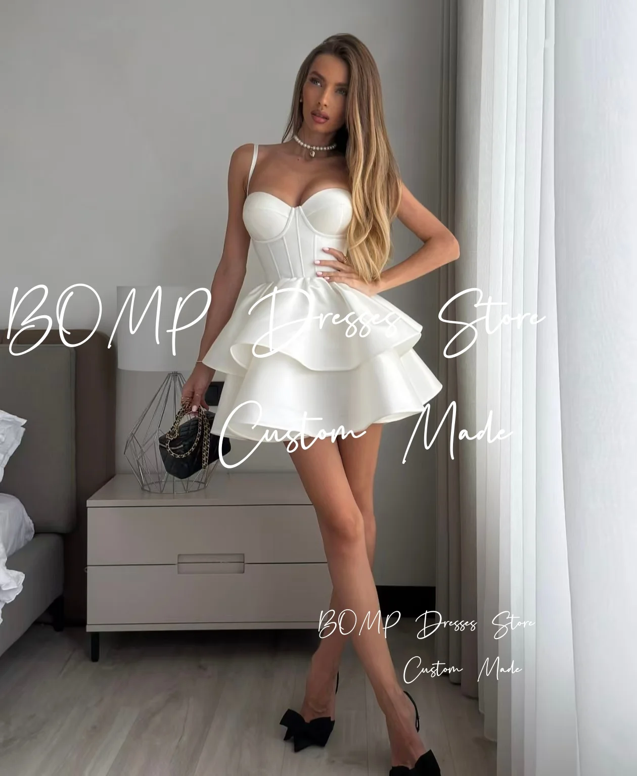

BOMP Simple White Satin Wedding Party Short Dress Sweetheart Spaghetti Straps A-Line Birthday Prom Gown Custom Robe de cérémonie