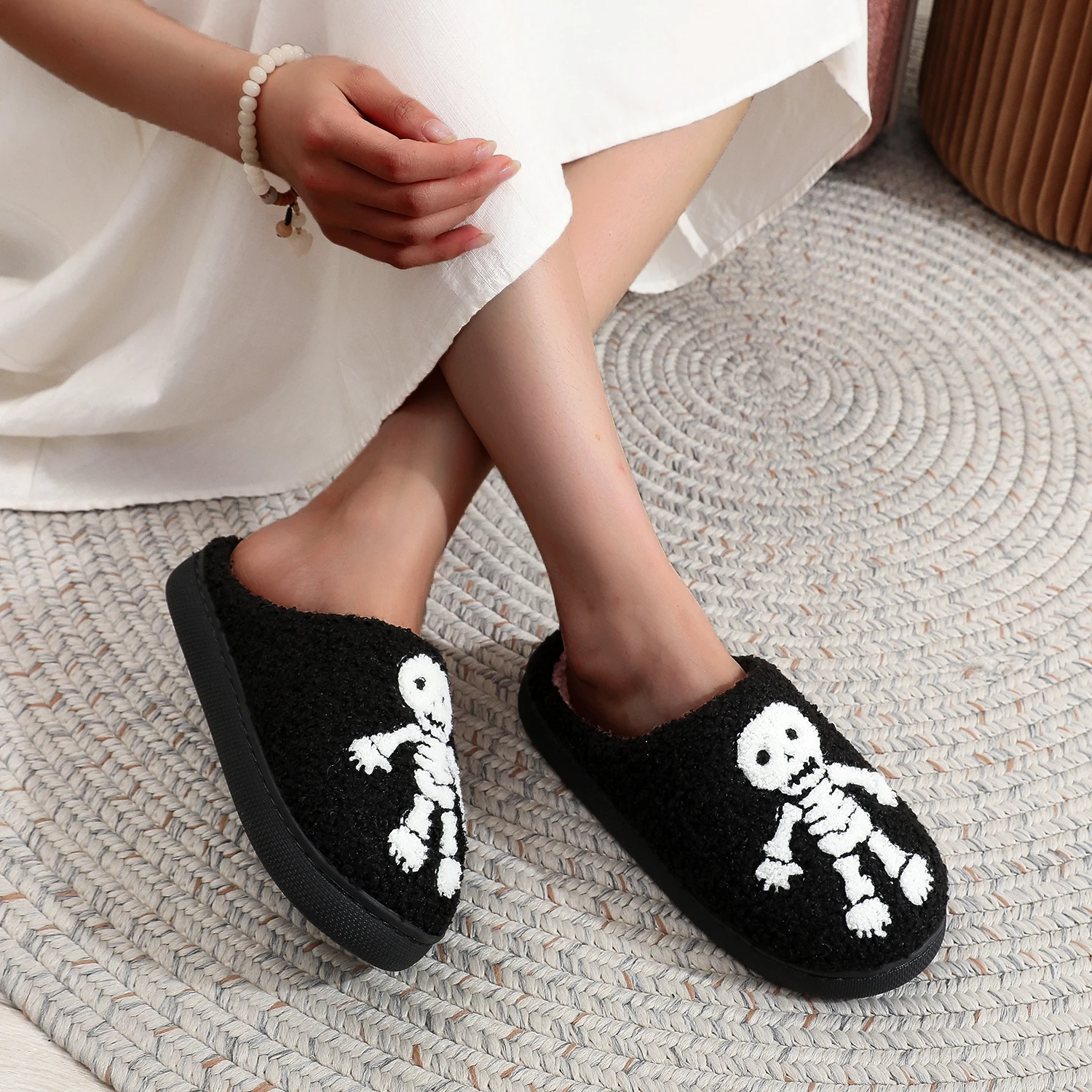 Halloween Skull Black Embroidery stuffed Home Thick-soled plaid Furry Cotton Slippers Cute Warm Non-slip Indoor Slippers Gift Men Women Can Wear