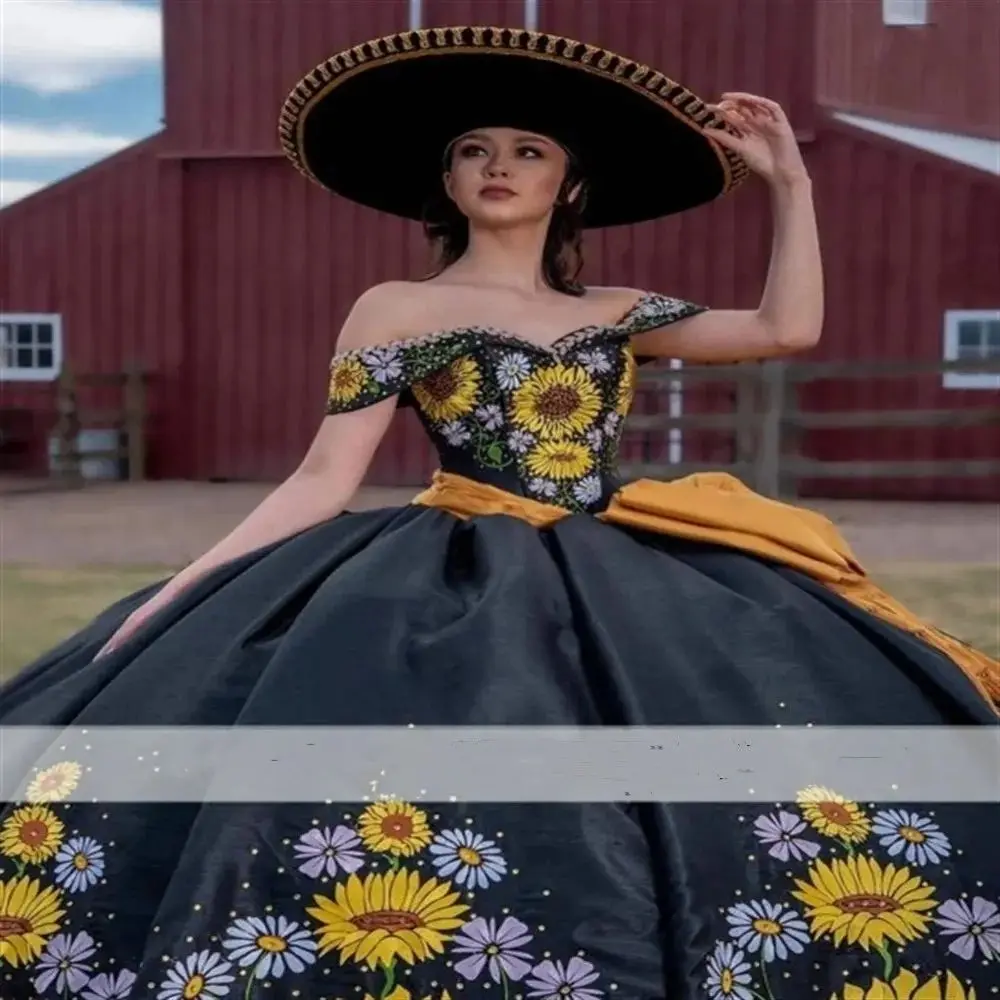 Vestido Lorencia-preto Quinceanera, vestido de baile princesa, apliques bordados de girassol com laço, aniversário de 16 anos, YQD185