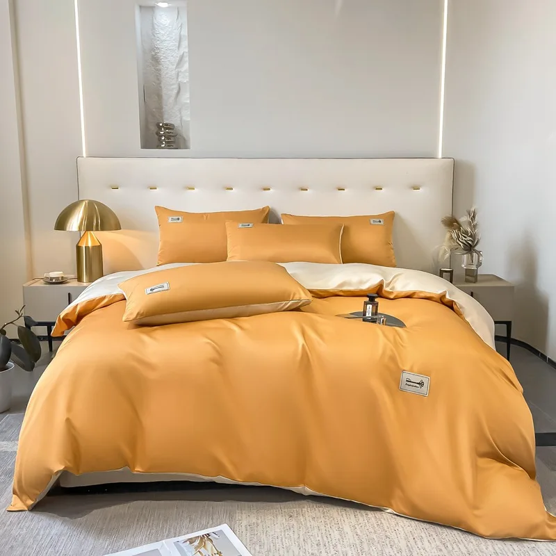 Light luxury high-end ice silk four piece set on the bed, silk duvet cover, Tencel bedsheet three piece set, summer nude sleepin