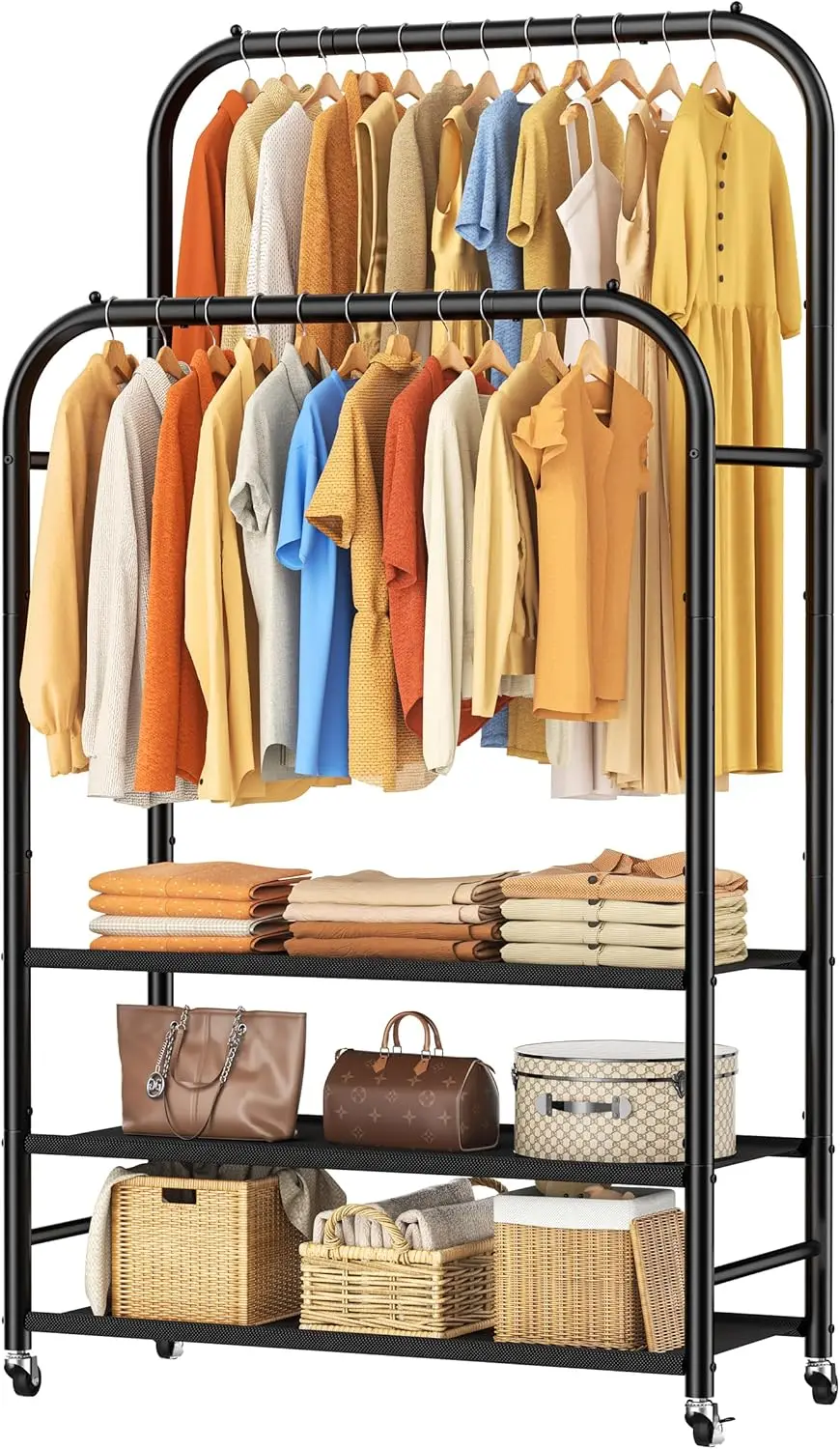 

Double Rod Clothes Rack with 3-Tier Shelves, Black