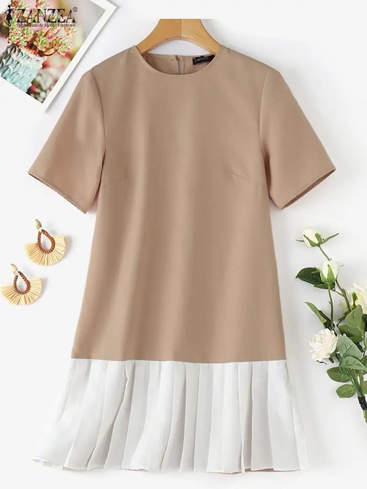 ZANZEA Fashion Women A-line Vestidos Pleated Hem Casual Color Block Short Sleeve Mini Dress O Neck Streetwear Party Dresses