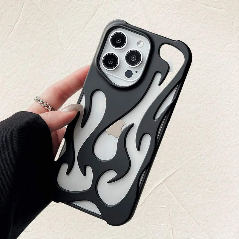 New 3D Soft Flame Pattern Phone Case for iPhone 16 15 14 13 12 11 Pro Max Plus Fashion Hollow Slim Shockproof Protective Cover