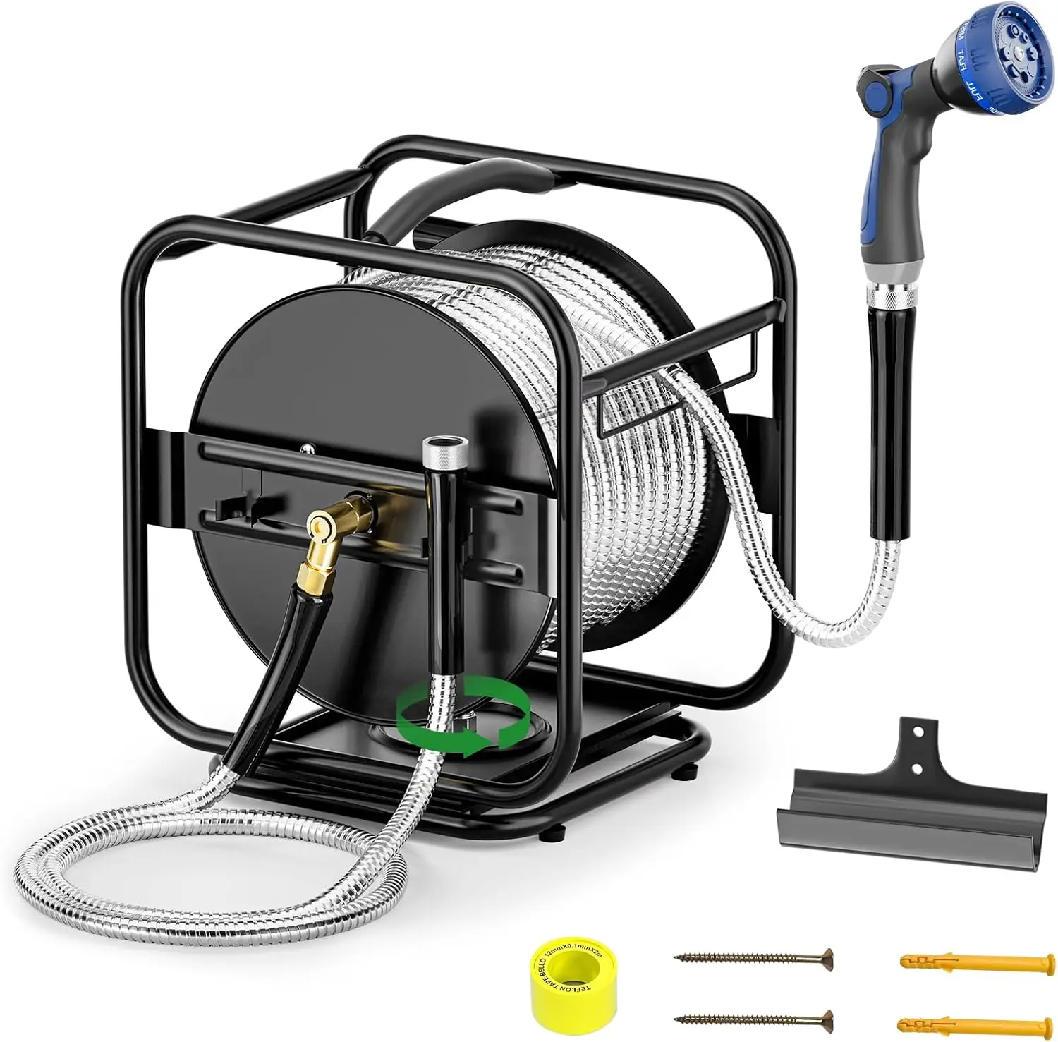 

Heavy Duty Metal Garden Hose Reel With 100 Ft 304 Stainless Steel & Aluminum Nozzle, Wall Mount/Floor Water Pipe Spool, 360° Rot