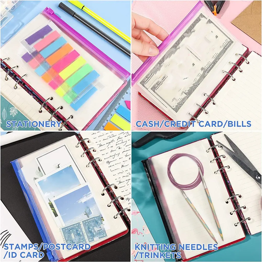 18 PCS A6 Pockets 6-Ring A6 Zipper Pouch for Budget , Waterproof Plastic Folders Pouch Bags