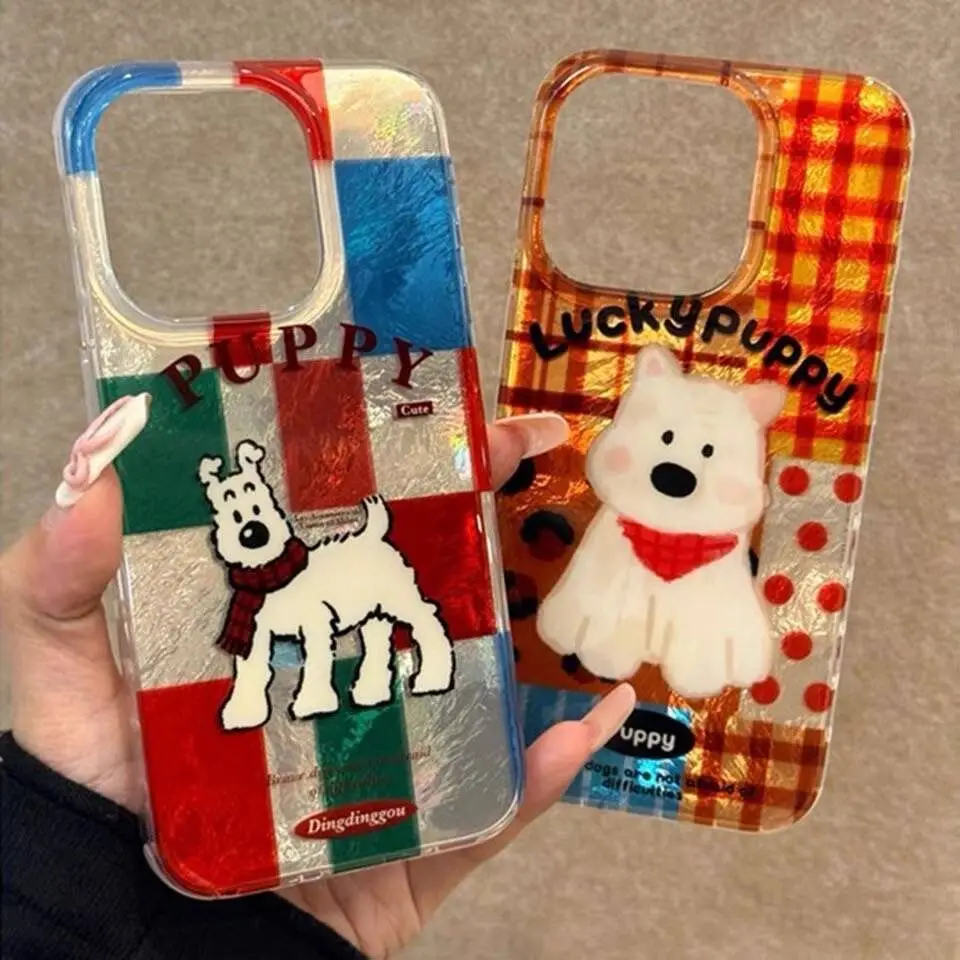 ins Cute Puppy Plaid Leopard Phone Case for Samsung Galaxy S25 S24 S23 S22 S21 FE Ultra Plus 4G 5G Feather Texture Back Cover