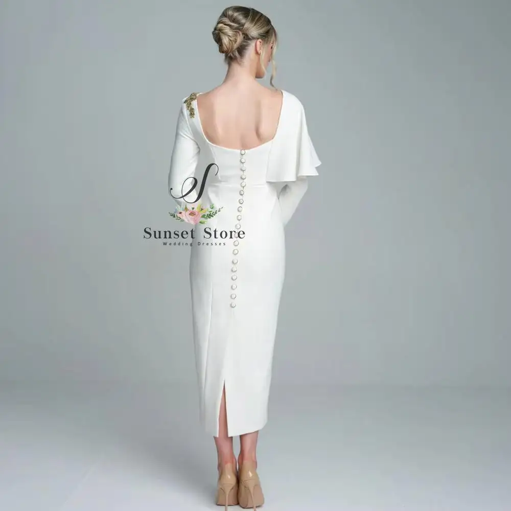 Customized Asymmetric Neckline Tea Length Prom Dresses Full Sleeve Formal Evening Party Gown Gold Beaded Wedding Guest Dress