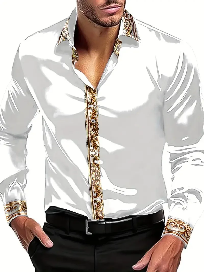 2025 Luxury Men's Long Sleeve Dress Shirt Fashion Contrast Cuff Collar Design Elegant Casual Business Social Men's Shirt