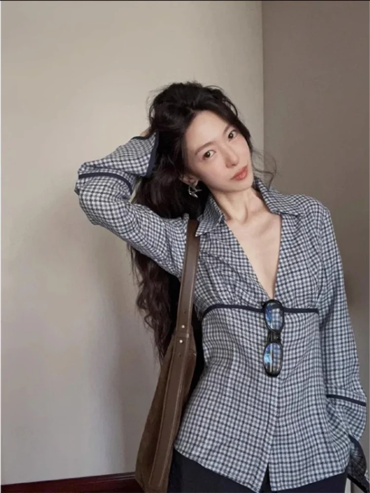 Y2k Aesthetic Vintage Long Sleeve Plaid Shirts Spring V Neck Women Casual Blouses Japanese Harajuku Streetwear Blusas De Mujer