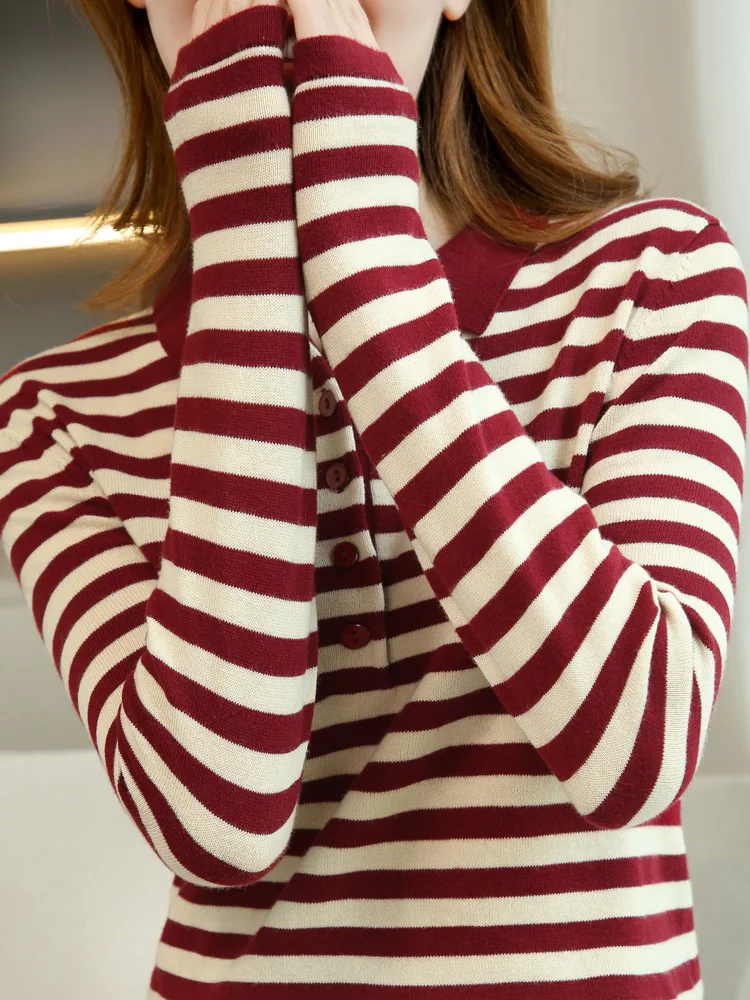 

Fashion Basic Autumn Winter Stripped Sweater Polo-Neck Cotton Pullover Solid Shirt Soft Long Sleeve Clothing Tops