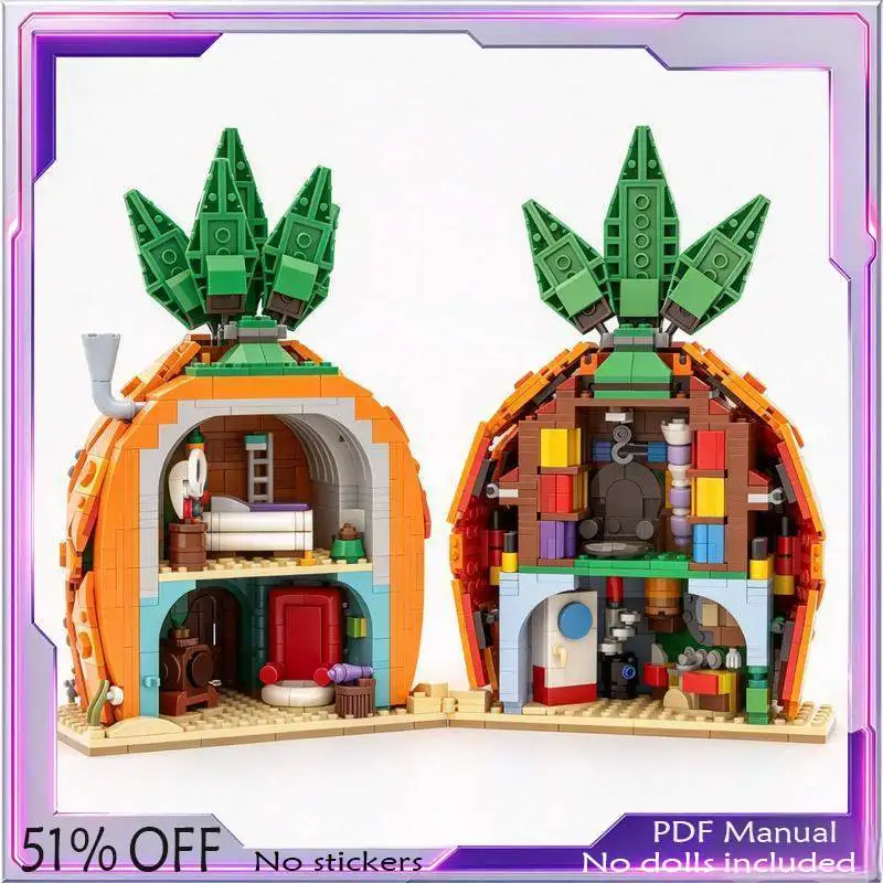 976PCS MOC Cartoon Pineapple House Underwater Villa Building Blocks Model Custom Puzzle DIY Assembly Architecture Toy Gift