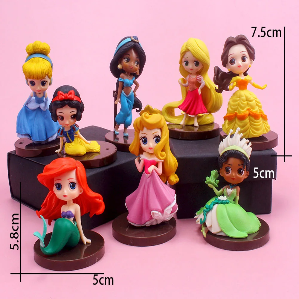 8pcs Cute Q Version Disney Princess GK Model Kids Charm Toy Gifts The Little Mermaid Long Hair Princess Collectible Cartoon Doll