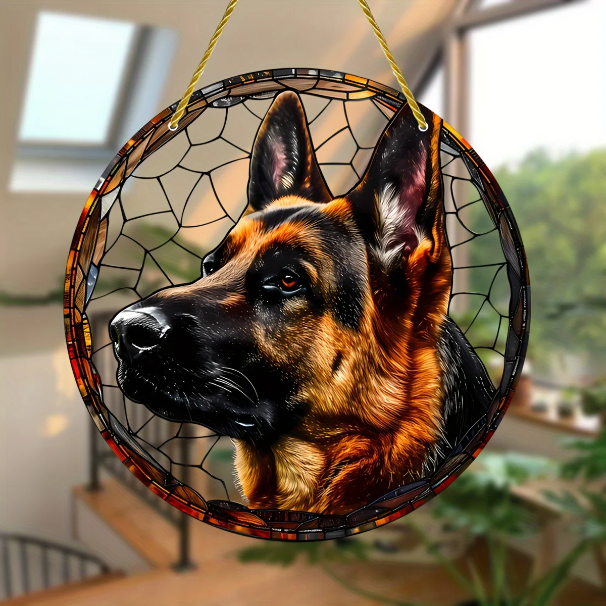 German Shepherd Stained Glass Window Hanging Suncatcher, Round Acrylic Sign,Birthday Gift,Home,Garden,Porch,Office Decoration