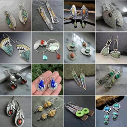 Bohemian Tribe Plant Leaves Green Blue Stone Earrings 2023 New Women's Vintage Jewelry Ancient Metal Teardrop Pendant Earrings