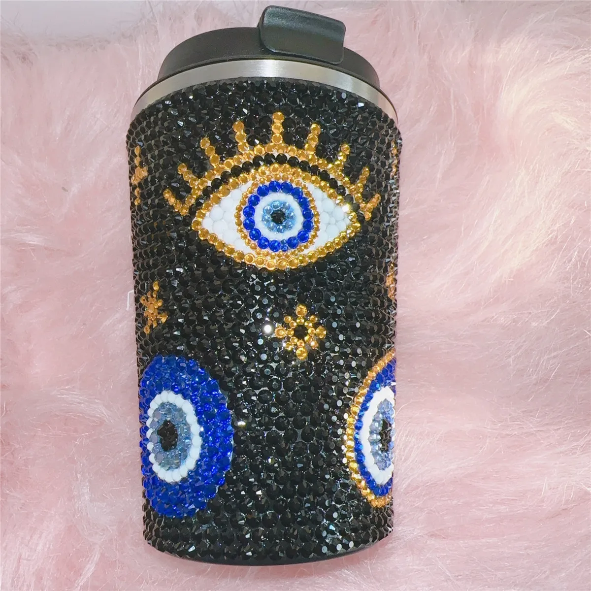 380ML White /Black Evil Eyes Sparkle DIY Handmade Rhinestone Coffee Car Mug Photo Props