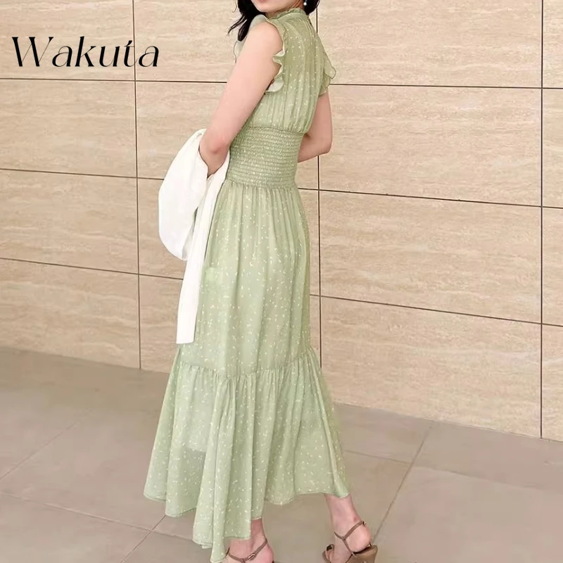 WAKUTA 日本の夏万能ニットヴィンテージカラーバッグ半袖トップハイウエストプリーツ半身スカート 2 点セット Y2k