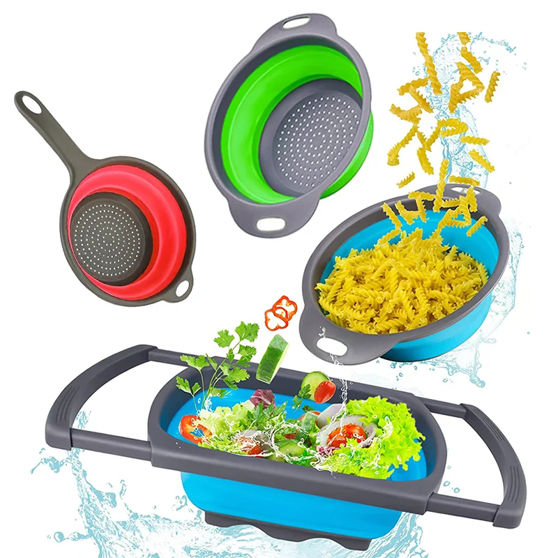 

3Packs Silicone Kitchen Foldable Colander Set Over the Sink Extendable Colander Space-save Kitchen Foldable Food Strainer