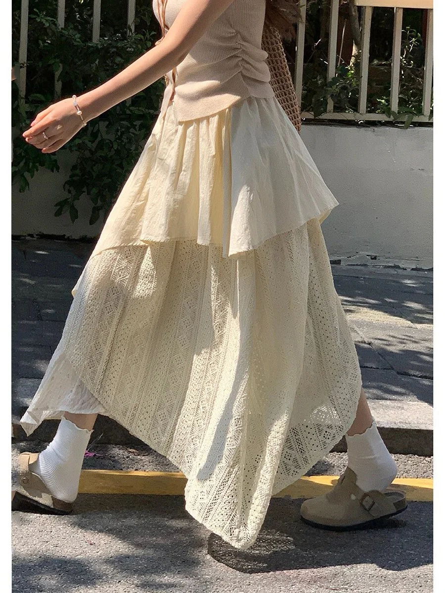 

Elegant Vacation Bohemian Skirt High Waist A-Line Long Dress Irregular Splicing Retro Design Summer Fashion Ladies