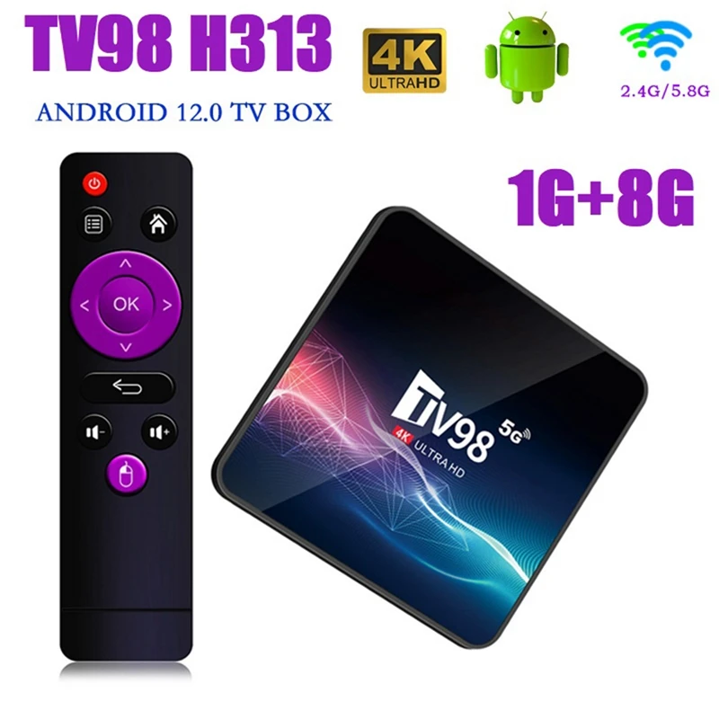 TV98 TV Box 1G+8G 2.4G &5G Wifi Allwinner H313 4Kx2k Android 12 Set-Top Box TV98 Media Player Durable Reusable UK Plug