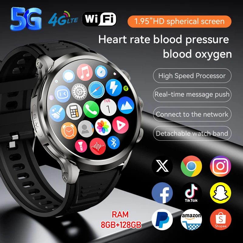 

4G/5G SIM Card New Smart Watch 1.95 inch 680*680 AMOLED Screen 8GB+128GB RAM 900W Camera GPS WIFI Google APP Download Smartwatch