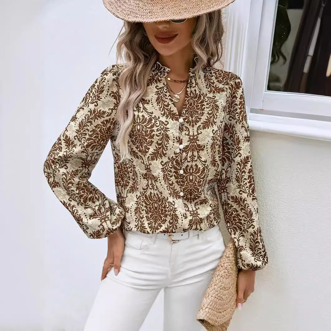 2025 novedad de verano para mujer, camisa con estampado bohemio para mujer, camisa elegante de manga larga a la moda con una sola botonadura, Top ajustado para mujer