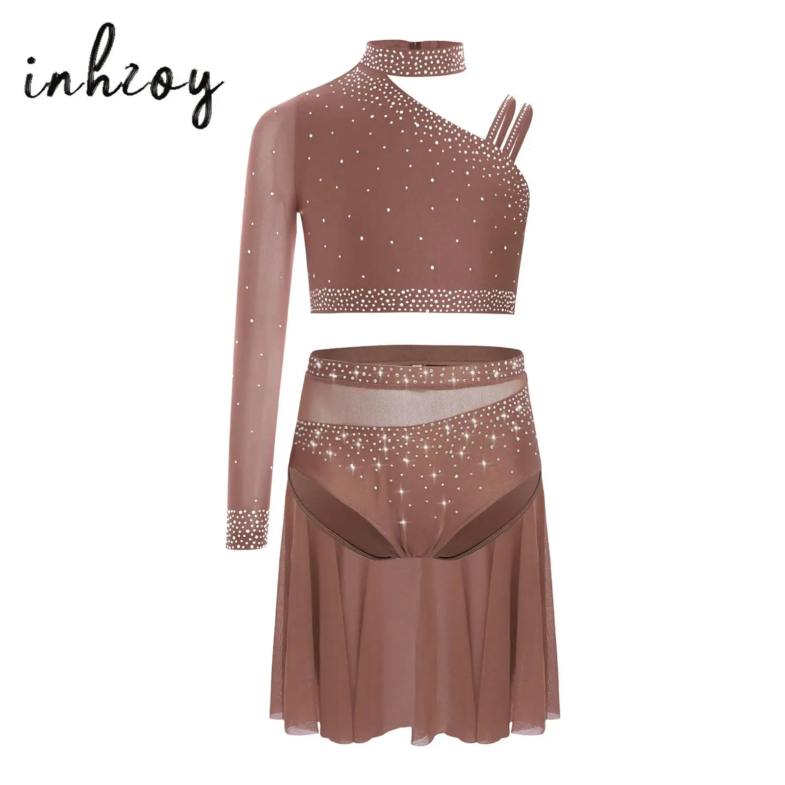Kids Girls Lyrical Dance Outfit Sparkly Rhinestones Irregular Shoulder Crop Top+Sheer Mesh Skirt Set Figure Skating Dance Dress