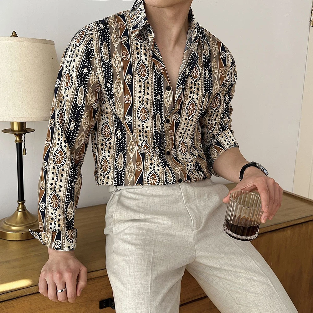 

2025 зимняя новая мужская рубашка с длинным рукавом с цветочным принтом, американский ретро-модный модный повседневный свободный уникальный мужской топ для отпуска