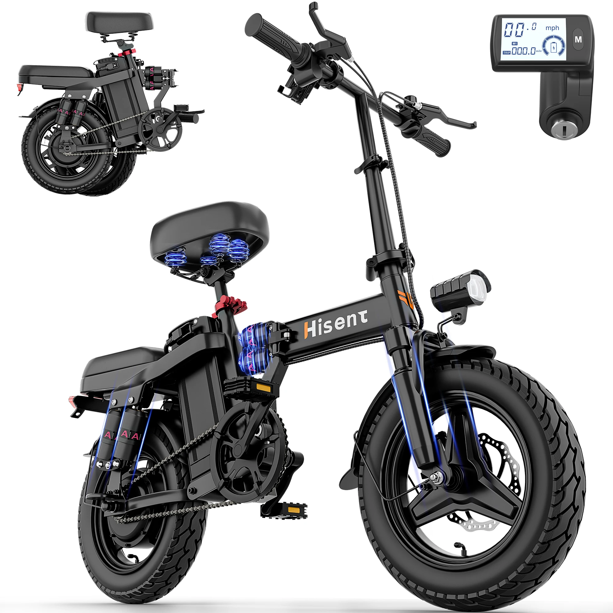 

Hisent Folding Electric Bike | Dual Suspension System | Upgraded Steel Frame | 17.5AH Battery, 25-35 Mile Range | 14-inch Tire