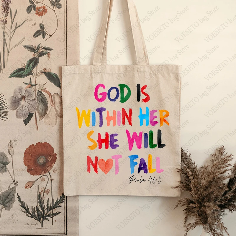 God Is Within Her She Will Not Fall Pattern Tote Bag Canvas Shoulder Bag for Christian Gift Women\'s Reusable Shopping Bags