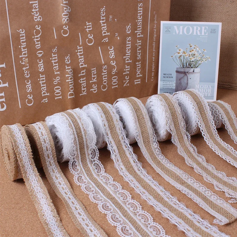 

2Meter 25mm Natural Jute Burlap White Lace Trimming Ribbon for Vintage Rustic Wedding Decoration Party DIY Craft Supplies