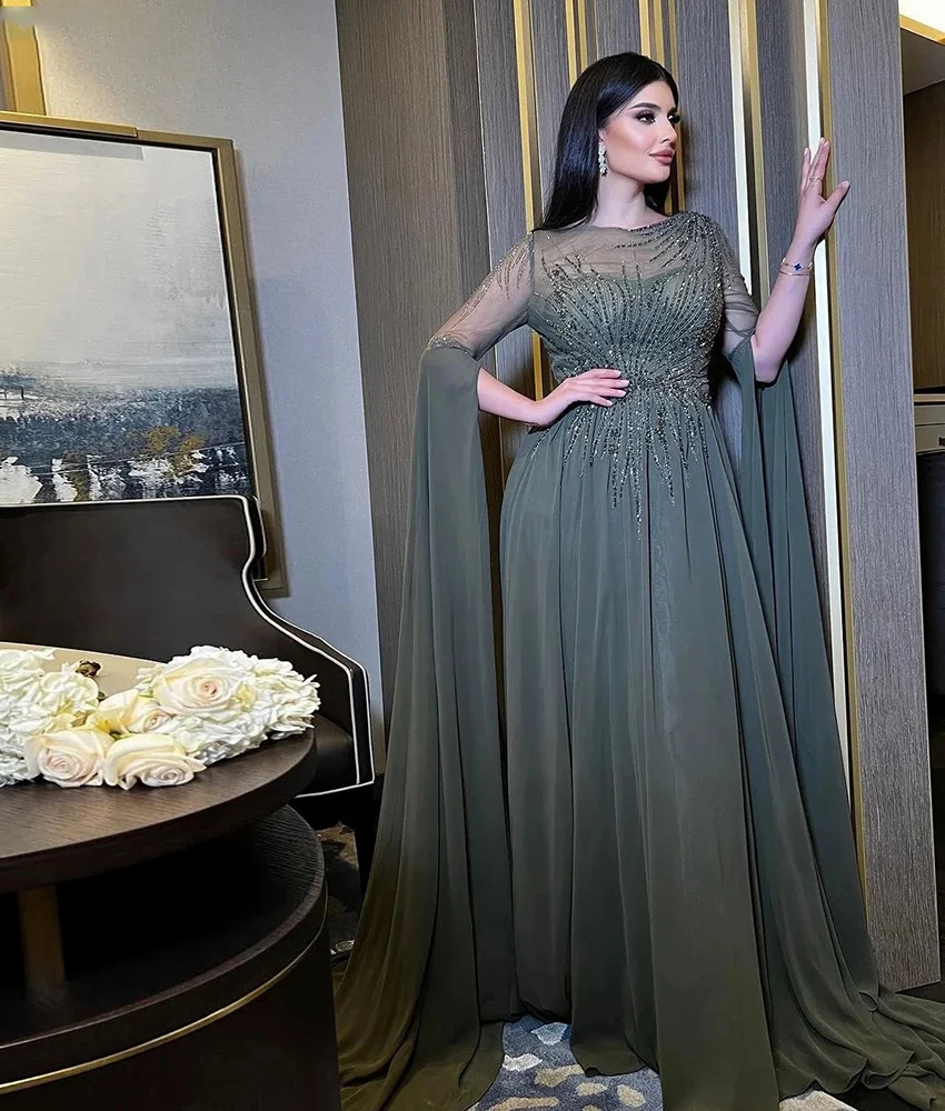 

Customized Exquisite Chiffon A-Line Sequined Evening Dress High Quality Long Sleeves O-neck Floor Length Celebrity Gowns