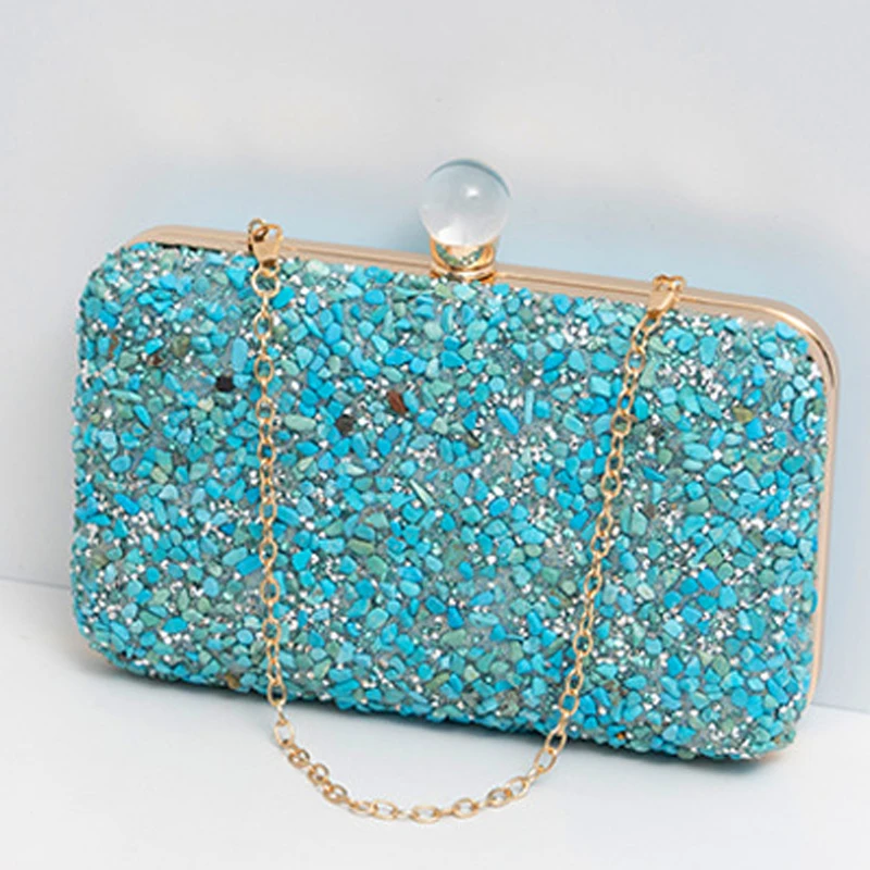 

Blue Handbag Women Stone Decoration Clutch Colorful Evening Purse PU Handbags for Women 2024 Designer Luxury Shoulder Bag