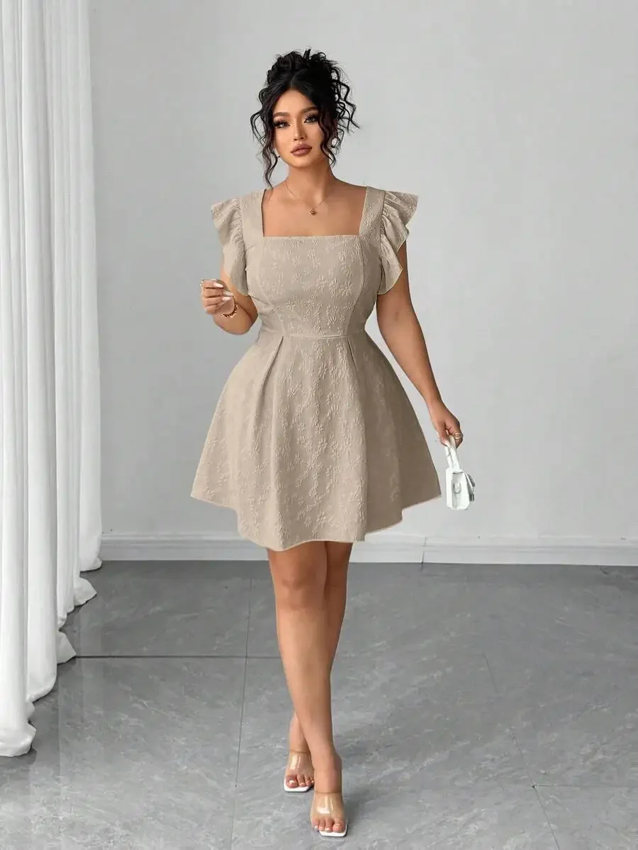 

Plus Size Summer Jacquard Square Neck Ruffle Sleeve Elegant Beige Dress