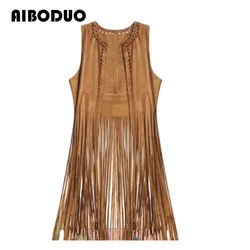 New Women's Suede Cardigan Waistcoat Suede Long Fringe Cape Tassels Open Front Hollow Hole Design Fashion Hippie Outerwears