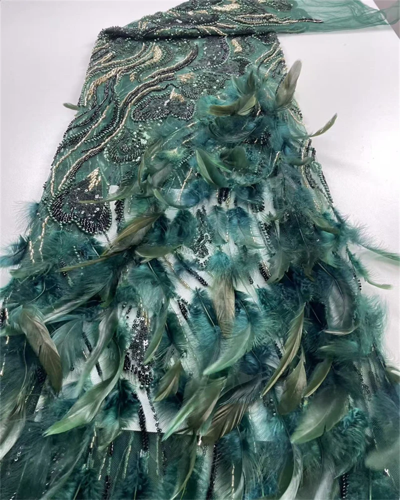 

African 3D Feather Net Laces High Quality Embroidered Beads Sequins Mesh Fabric for Wedding Party Dress Nigeria Latest