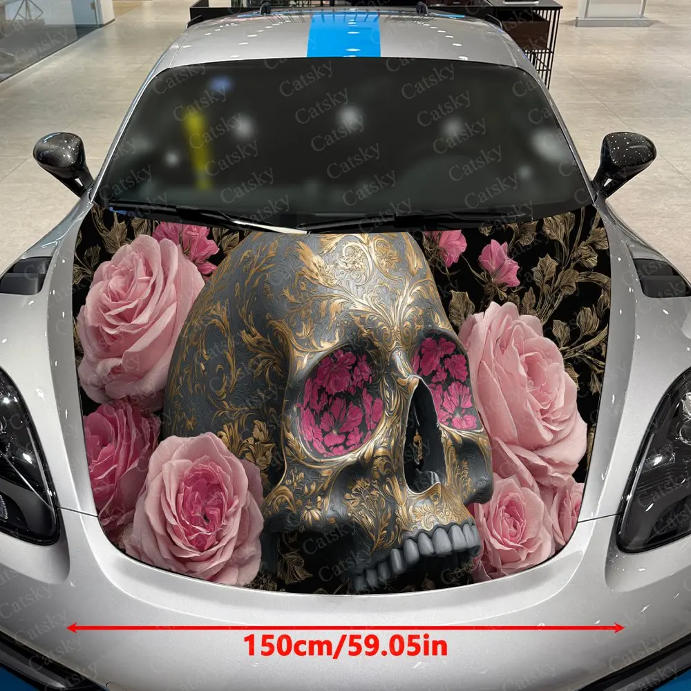 Luxurious Floral Skull Car Hood Stickers - Self-Adhesive, Waterproof and Durable Vinyl Wrap, Decorate And Protect Your Car - The
