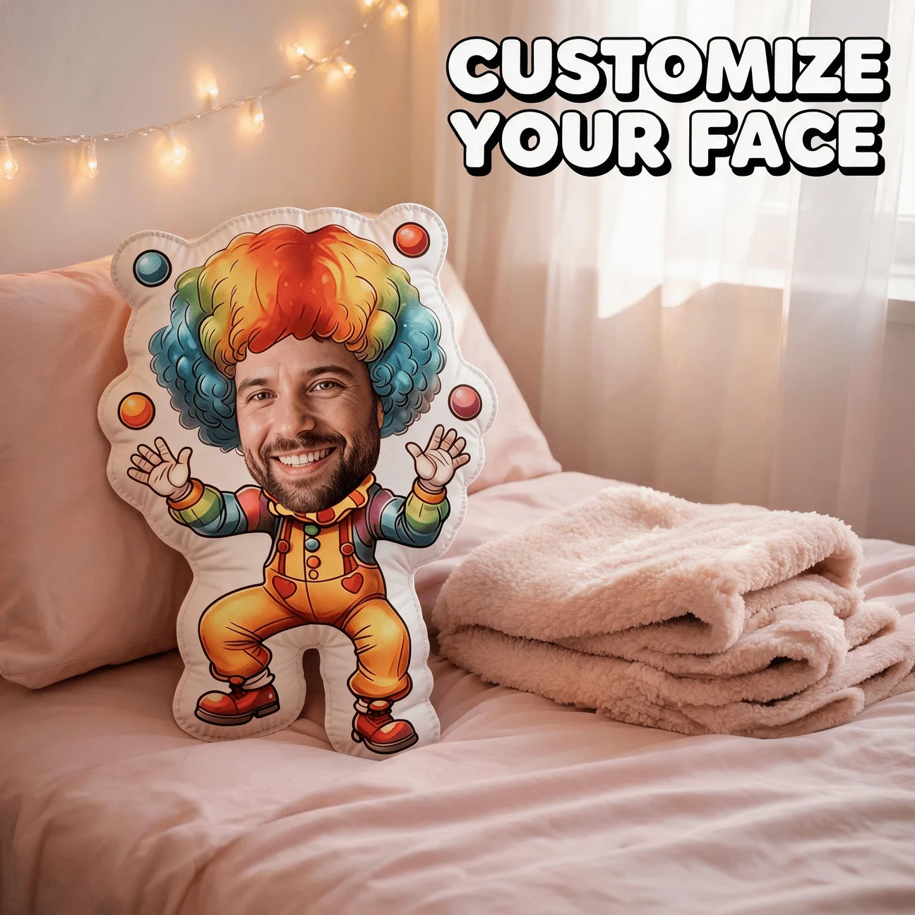 Custom Funny Face-Shaped Pillow, Personalized Photo Clown Costume Decorative Cushion, Unique Novelty Home Decor Accent for Sofa