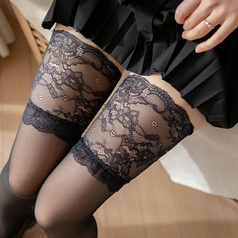 

Women Sexy White Black Thigh Knee High Long Stockings Lingerie Lace Mesh Silicone Non-slip Gothic Japanese Ruffle Lolita Tights