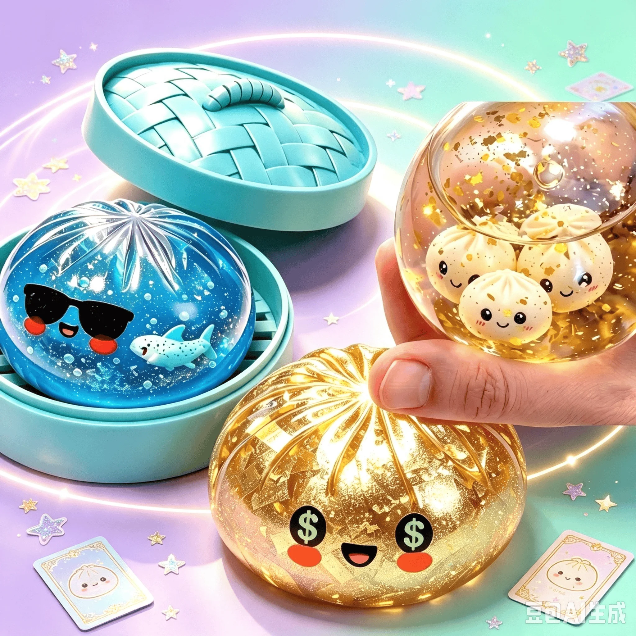 Kawaii Glitter Bun Squeeze Toy Transparent Dumpling Squishy Toy Cute Cartoon Fidget Toy ASMR Sensory Toy Stress Relief