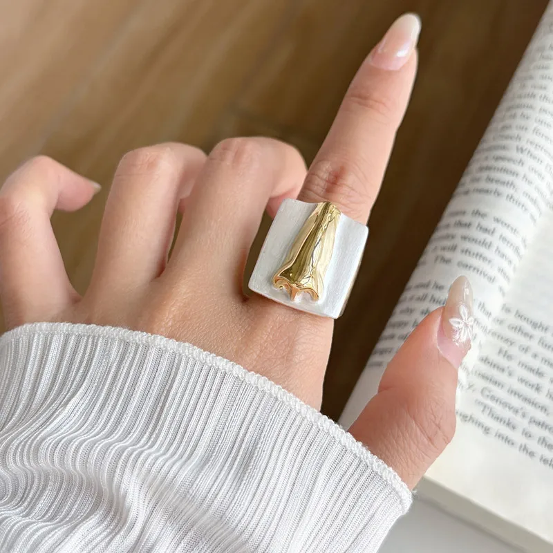 Modern Abstract Molten Metal Wide Band Ring Two Color Geometric Open Adjustable Ring For Ladies