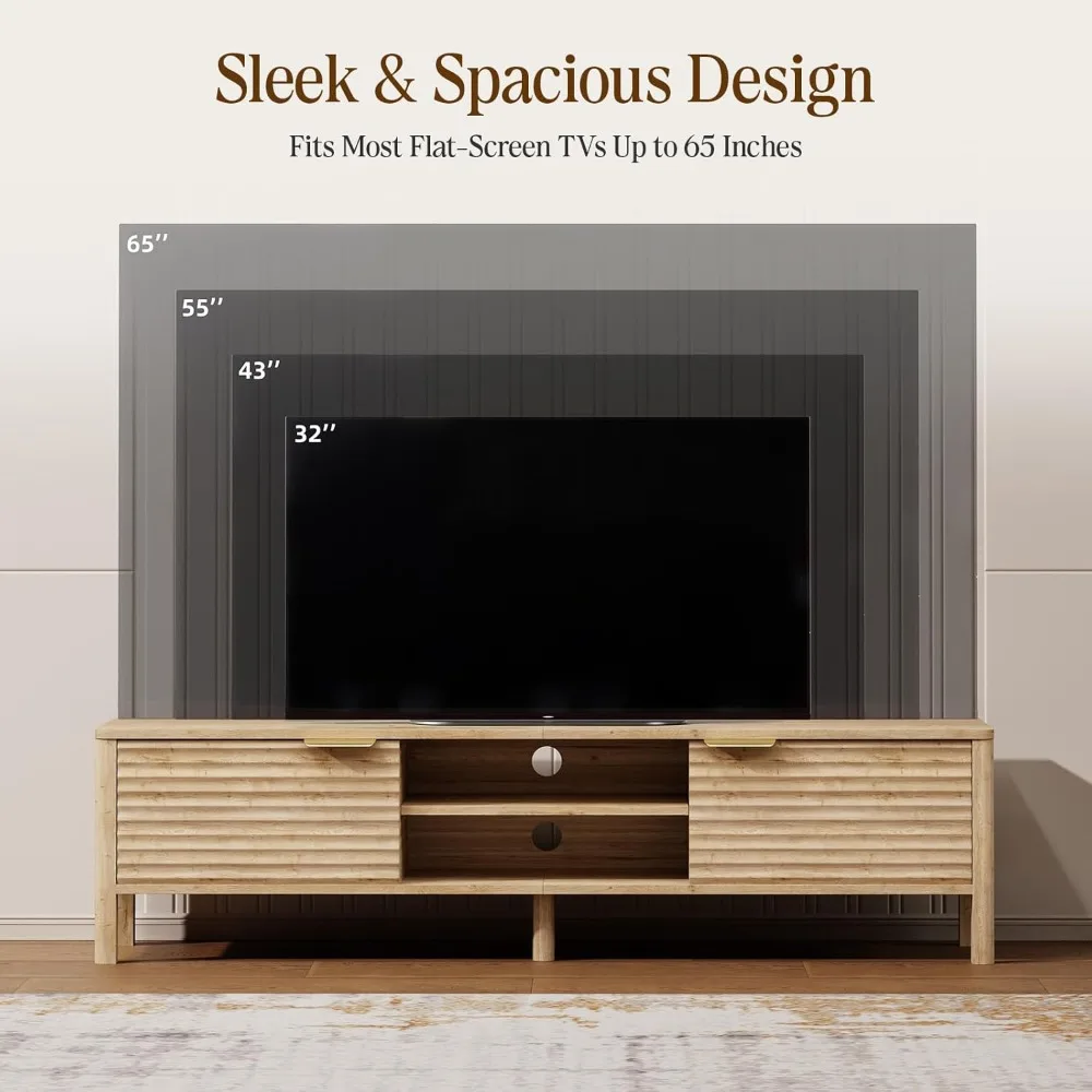 حامل تلفزيون حديث من منتصف القرن لغرفة المعيشة: أرفف تخزين وأرفف قابلة للتعديل لمركز الترفيه لأجهزة التلفاز مقاس 65 بوصة