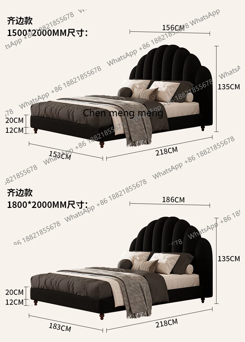French Double Bed Fabric Black High-end Flannel Full Size Frames Bed King Size Twin Luxury Queen Bedroom Furniture E136