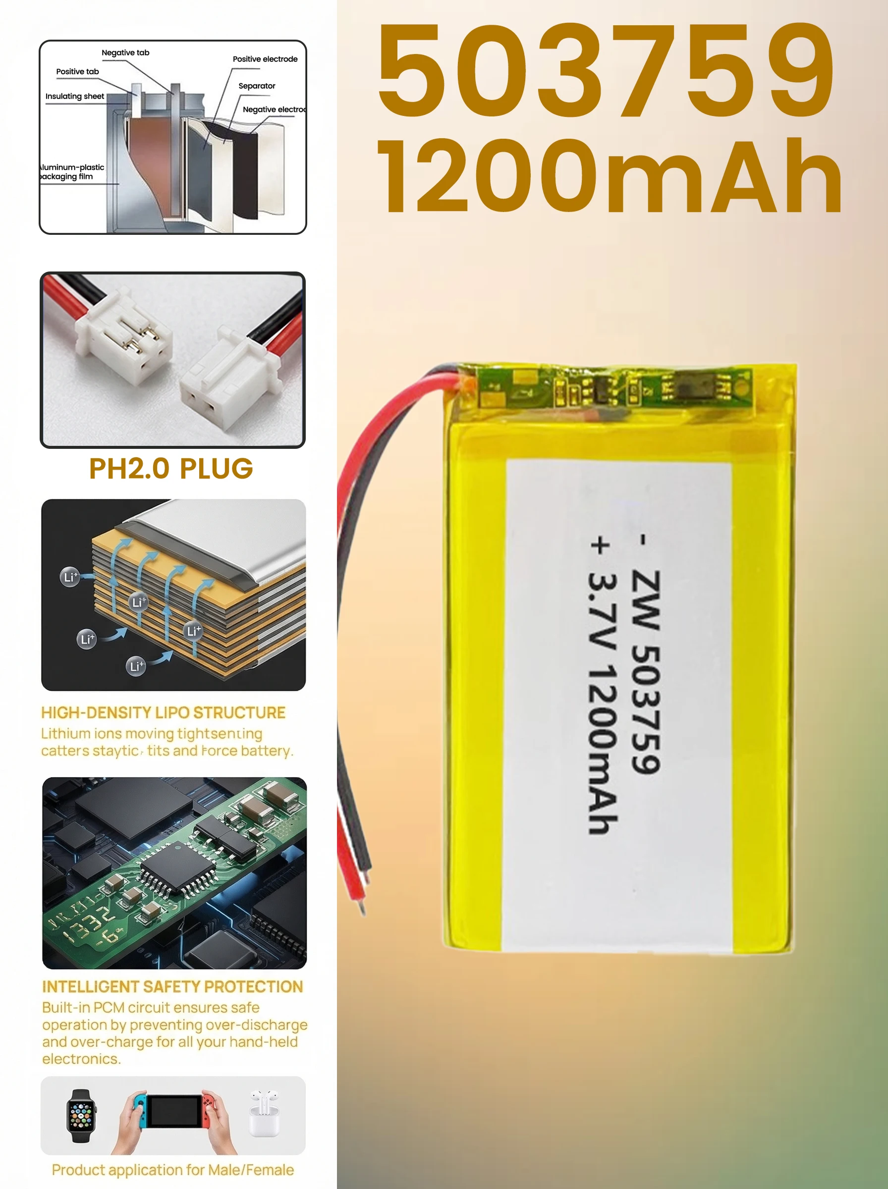 

Rechargeable 503759 LiPo Battery 1200mAh 3.7V For Smart Band Fitness Tracker Portable Power Bank