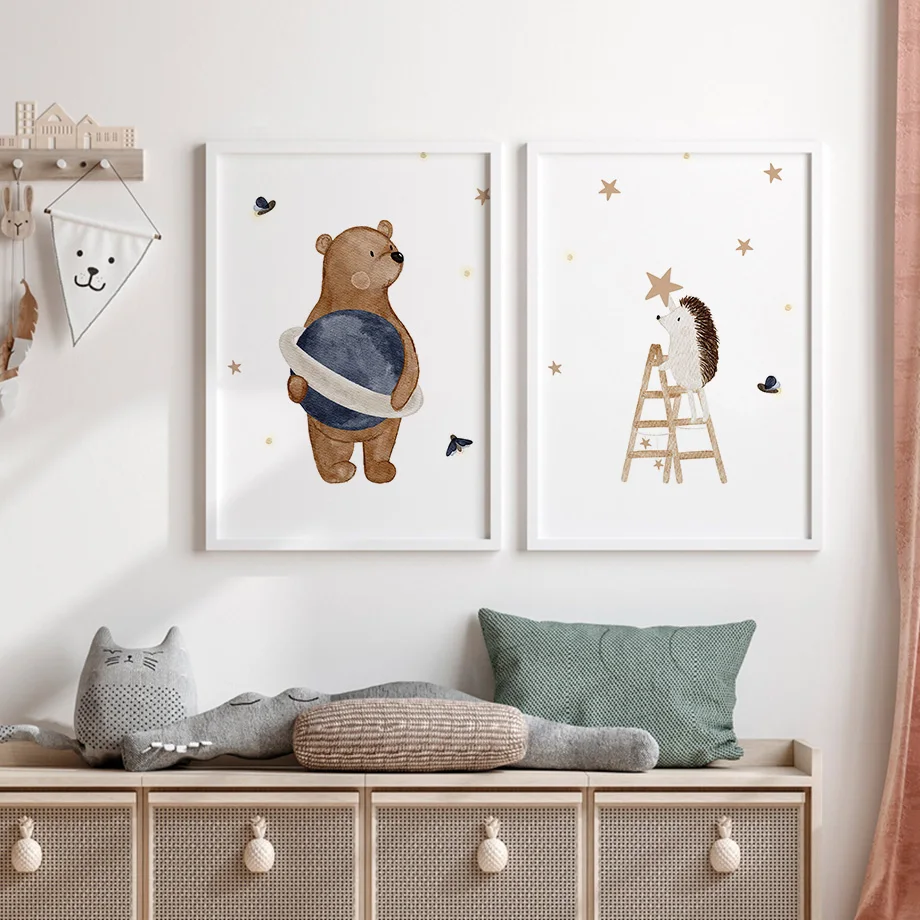 Boho Cartoon Fox Rabbit Bee Bear Hedgehog Flower Posters Art Prints Canvas Painting Wall Pictures Baby Kids Room Home Decoration