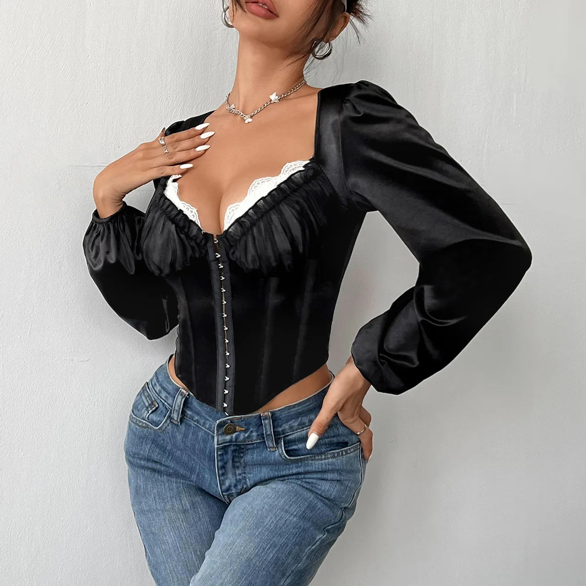 Autumn Cardigan Women Elegant Corsets Long Sleeve Top Bra Fold Bustier Tank Tops French Winter Casual Slim Boned Corset Clubwear