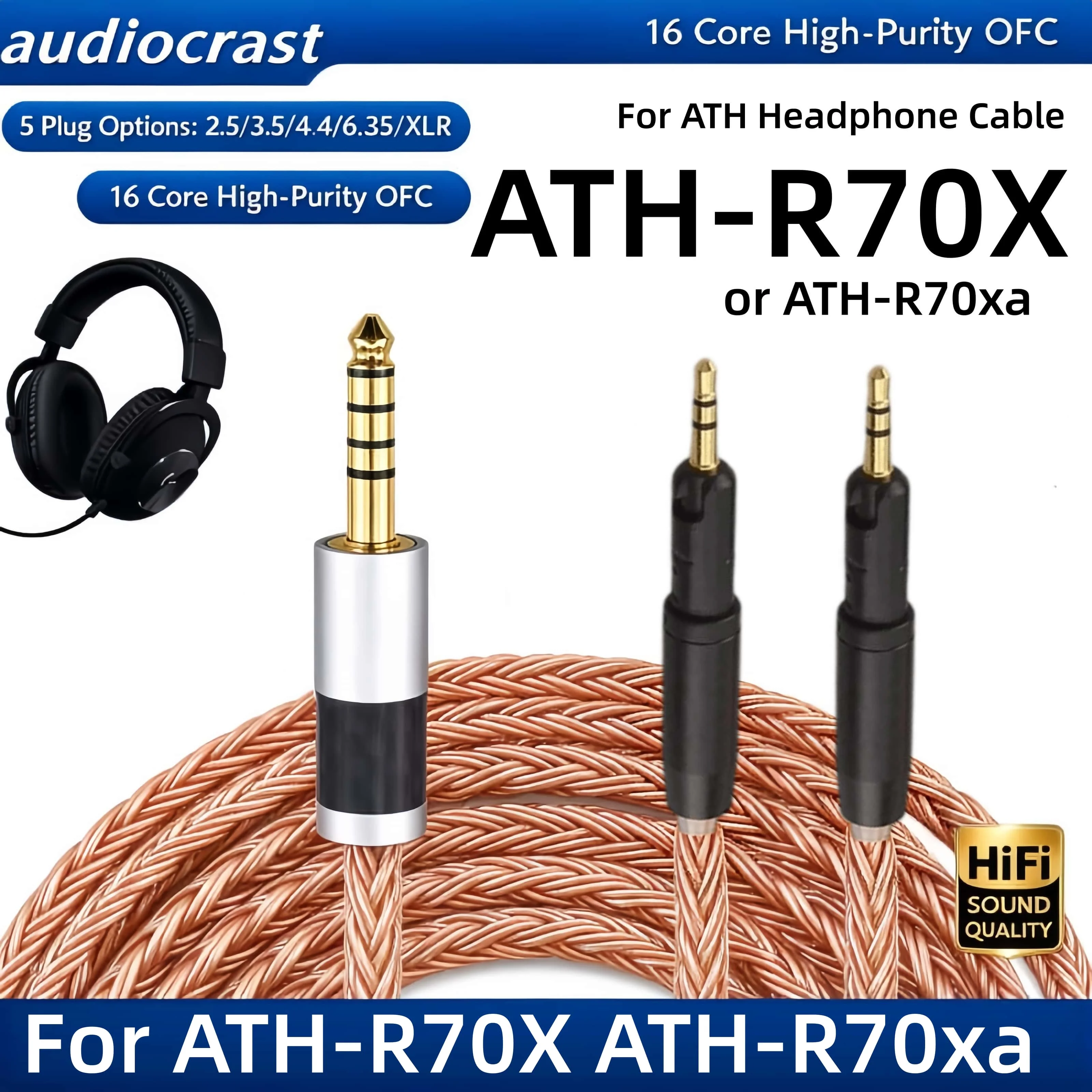 16 Core 7N OCC Upgrade Cable Dual Locking 2.5mm TRS for ATH-R70X ATH-R70xa 4.4 4Pin XLR 2.5 3.5 6.35 Balanced Cable Silver Plate