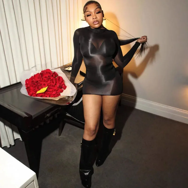 Doyerl Mesh Durchsichtiges Sexy Clubkleid für Damen Langarm Figurbetont Dehnbar Ausgehkleid für Rave-Partys Schwarzes Bodycon Minikleid