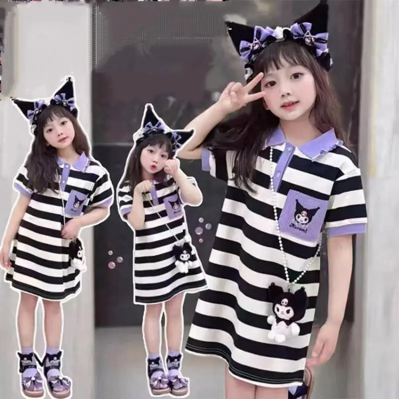

Sanrio Dress Kuromi Short-Sleeved Striped Skirt New Style Children Lapel Trendy Baby Casual Summer Fashion Comfortable Versatile
