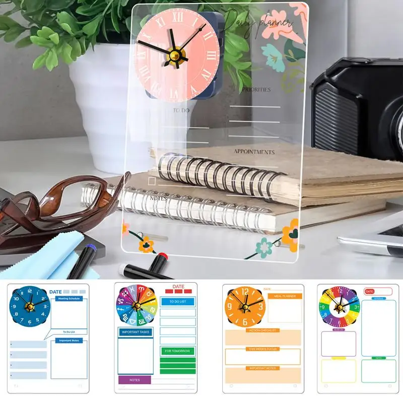 Erasable Schedule Board Stand-up Desk Reminder Board Clear Desk Planner Board อะคริลิคโต๊ะเตือนพร้อมนาฬิกา Creative